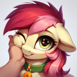 Size: 1024x1024 | Tagged: safe, ai content, derpibooru import, generator:pony diffusion v6 xl, generator:purplesmart.ai, generator:stable diffusion, machine learning generated, roseluck, human, pony, behaving like a cat, bust, collar, cute, fluffy, hand, looking at you, offscreen character, offscreen human, one eye closed, pet tag, petting, pony pet, portrait, prompter:doom9454, rosepet, wingding eyes