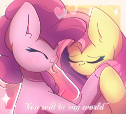 Size: 2600x2350 | Tagged: safe, artist:miryelis, derpibooru import, fluttershy, pinkie pie, earth pony, pegasus, pony, big ears, cute, ears, eyes closed, female, flutterpie, heart, lesbian, mare, shipping, smiling, text