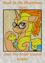 Size: 1168x1624 | Tagged: safe, artist:bluemoon, derpibooru import, oc, oc only, oc:golden autumn, pony, unicorn, armor, freckles, glasses, male, royal guard, royal guard armor, solo