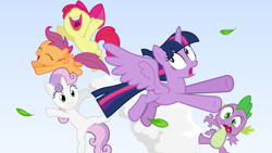 Size: 1920x1080 | Tagged: artist needed, source needed, safe, derpibooru import, apple bloom, scootaloo, spike, sweetie belle, twilight sparkle, twilight sparkle (alicorn), alicorn, dragon, earth pony, pegasus, pony, unicorn, g4, cloud, cutie mark crusaders, female, filly, foal, gradient background, leaves, male, smoke trail