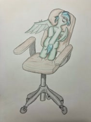 Size: 1536x2048 | Tagged: safe, artist:initials_eve, derpibooru import, oc, oc only, oc:light touch, pegasus, bipedal, chair, colored pencil drawing, having fun, office chair, property damage, requested art, sharp teeth, small pony, smiling, standing on a chair, teeth, traditional art