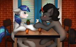Size: 4618x2888 | Tagged: safe, artist:flapstune, derpibooru import, king sombra, shining armor, pony, unicorn, blushing, cafe, chair, chest fluff, date, ear fluff, ears, gay, glass, holding hooves, infidelity, looking at each other, looking at someone, male, ship:shiningsombra, shipping, sitting, stallion, table, window