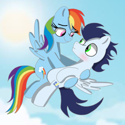 Size: 1400x1400 | Tagged: safe, artist:mrsdashskies, derpibooru import, rainbow dash, soarin', pegasus, pony, best pony, blushing, carrying, cute, dashabetes, female, feminism, flying, heartwarming, if only, looking at each other, looking at someone, male, mare, romantic, shipping, soarindash, stallion, straight