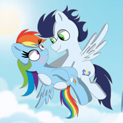 Size: 1400x1400 | Tagged: safe, artist:mrsdashskies, derpibooru import, rainbow dash, soarin', pegasus, pony, blushing, carrying, female, flying, looking at each other, looking at someone, male, mare, shipping, soarindash, stallion, straight