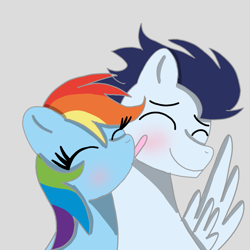 Size: 1400x1400 | Tagged: safe, artist:mrsdashskies, derpibooru import, rainbow dash, soarin', pegasus, pony, blushing, eyes closed, face licking, female, gray background, licking, male, mare, shipping, simple background, soarindash, stallion, straight