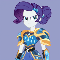 Size: 1024x1024 | Tagged: source needed, safe, ai content, derpibooru import, generator:pony diffusion v6 xl, generator:stable diffusion, machine learning generated, rarity, human, equestria girls, g4, armor, bust, gem, jewelry, portrait, prompter needed, serious, serious face, solo