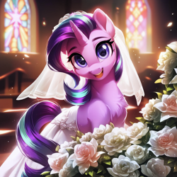 Size: 1024x1024 | Tagged: safe, ai content, derpibooru import, generator:purplesmart.ai, generator:stable diffusion, machine learning generated, starlight glimmer, pony, unicorn, g4, church, clothes, dress, flower, looking at you, prompter:maresforever, smiling, solo, veil, wedding dress, wedding veil