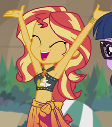 Size: 930x1054 | Tagged: safe, anonymous artist, derpibooru import, edit, edited screencap, screencap, sunset shimmer, human, better together, equestria girls, g4, x marks the spot, anonymous editor, armpits, arms in the air, bare shoulders, cropped, sleeveless