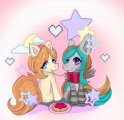 Size: 699x676 | Tagged: safe, artist:eeviejeebies, derpibooru import, oc, oc only, oc:copper moon, oc:silver star, bat pony, earth pony, pony, clothes, duo, food, gradient background, pasta, scarf, socks, spaghetti, thigh highs