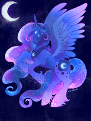 Size: 640x853 | Tagged: safe, artist:wisphunt, derpibooru import, princess luna, alicorn, pony, armor, bipedal, ear piercing, earring, female, gradient hooves, harness, jewelry, mare, moon, no mouth, piercing, solo, sparkles, spread wings, tiara, unshorn fetlocks, wings