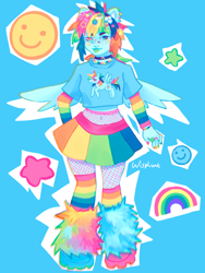 Size: 640x853 | Tagged: safe, artist:wisphunt, derpibooru import, rainbow dash, human, equestria girls, g4, blue background, bracelet, choker, clothes, decora, fishnet stockings, humanized, jewelry, leg warmers, necklace, painted nails, rainbow socks, ring, shirt, simple background, skirt, smiling, socks, solo, sticker, striped socks, tongue, tongue out, winged humanization, wings