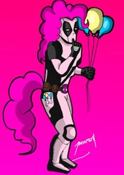 Size: 1080x1517 | Tagged: safe, artist:joshfushionartist, derpibooru import, pinkie pie, human, g4, balloon, deadpool, female, gradient background, male, marvel, solo