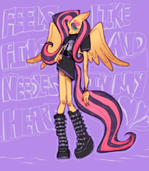 Size: 1785x2048 | Tagged: safe, alternate version, artist:veloriium, derpibooru import, fluttershy, anthro, pegasus, g4, alternate hairstyle, boots, bracelet, clothes, emo, emoshy, eyeshadow, female, frown, hand on hip, jewelry, makeup, oversized clothes, oversized shirt, purple background, shirt, shoes, simple background, solo, spread wings, text, winged anthro, wings