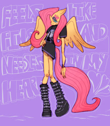 Size: 1785x2048 | Tagged: safe, alternate version, artist:veloriium, derpibooru import, fluttershy, anthro, pegasus, g4, boots, bracelet, clothes, emo, eyeshadow, female, frown, hand on hip, jewelry, makeup, oversized clothes, oversized shirt, purple background, shirt, shoes, simple background, solo, spread wings, text, winged anthro, wings