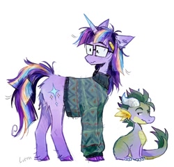 Size: 1198x1152 | Tagged: safe, artist:lutraviolet, derpibooru import, spike, twilight sparkle, unicorn twilight, dragon, pony, unicorn, g4, alternate design, alternate hair color, butt fluff, clothes, cloven hooves, colored claws, colored hooves, duo, duo male and female, ears back, eyebrows, female, freckles, frown, glasses, gradient horn, head turn, horn, male, mare, messy mane, messy tail, pale belly, pencil, raised eyebrow, redesign, simple background, sitting, square glasses, standing, sweater, tail, white background
