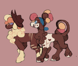 Size: 2000x1700 | Tagged: safe, artist:ghostunes, derpibooru import, oc, oc only, oc:honey bun, oc:sweet nectar, cow, hybrid, lamb, sheep, bandana, bedroom eyes, chest fluff, conversation, cowboy hat, hat, heart, hoof fluff, hybrid oc, leonine tail, looking at each other, looking at someone, moody, multicolored hair, open mouth, raised hoof, raised leg, red background, simple background, stripes, tail, unamused, walking