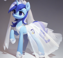 Size: 1237x1141 | Tagged: safe, ai content, derpibooru import, generator:pony diffusion v6 xl, generator:stable diffusion, machine learning generated, minuette, pony, unicorn, g4, artificial intelligence, clothes, dress, female, gradient background, happy, png, prompter:ai r us, solo, wedding dress