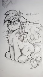 Size: 2268x4032 | Tagged: safe, artist:dandy, derpibooru import, oc, oc only, oc:sylvia evergreen, pegasus, pony, angry, black and white, blushing, braid, braided pigtails, chest fluff, cute, ears, floppy ears, grayscale, hair tie, monochrome, pegasus oc, pencil drawing, pigtails, puffed chest, scrunchy face, sitting, solo, text, traditional art, wings