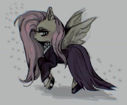 Size: 1500x1250 | Tagged: safe, artist:r0kuuxd, derpibooru import, fluttershy, pegasus, pony, clothes, dress, female, fluttergoth, gray background, lidded eyes, mare, simple background, solo, spread wings, wings