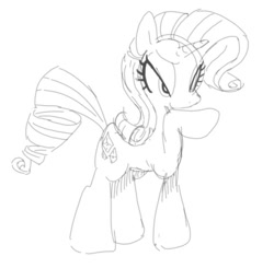 Size: 640x627 | Tagged: safe, artist:hobonkers, derpibooru import, rarity, pony, unicorn, g4, eyelashes, female, mare, monochrome, raised hoof, raised leg, simple background, sketch, smiling, solo, standing, white background