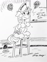 Size: 1280x1683 | Tagged: safe, artist:debmervin, derpibooru import, twilight sparkle, twilight sparkle (alicorn), alicorn, black and white, dunce hat, grayscale, hat, monochrome, school of friendship, sitting, solo, stool