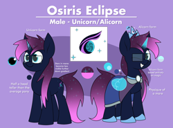 Size: 2772x2055 | Tagged: safe, artist:moonatik, derpibooru import, oc, oc only, oc:osiris eclipse, alicorn, unicorn, alicorn oc, cloak, clothes, crown, cutie mark, glasses, horn, jewelry, male, purple background, reference sheet, regalia, shoes, simple background, solo, stallion, tiara, unicorn oc, wings