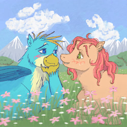 Size: 2048x2048 | Tagged: safe, artist:universalheart, derpibooru import, gallus, oc, oc:summerfree apple, earth pony, griffon, pony, blushing, canon x oc, earth pony oc, looking at each other, looking at someone