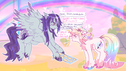 Size: 2012x1135 | Tagged: safe, artist:puroperopony, derpibooru import, oc, pegasus, pony, unicorn, chest fluff, cookie, duo, food, speech bubble, text