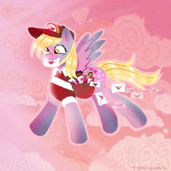 Size: 3000x3000 | Tagged: safe, artist:toriyami1, derpibooru import, derpy hooves, pegasus, pony, g4, female, flower, flying, holiday, letter, mailmare, mare, open mouth, rose, signature, sky background, solo, valentine, valentine's day