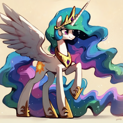 Size: 2048x2048 | Tagged: safe, ai content, derpibooru import, generator:pony diffusion v6 xl, generator:purplesmart.ai, generator:stable diffusion, machine learning generated, princess celestia, alicorn, pony, crown, jewelry, prompter:krivovyaz, regalia, simple background, solo, spread wings, wings