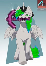 Size: 777x1100 | Tagged: safe, artist:arctic-fox, derpibooru import, oc, oc only, oc:tree time, alicorn, pony, alicorn oc, horn, minecraft, mouth hold, pickaxe, solo, wings