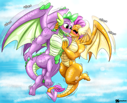 Size: 2227x1800 | Tagged: safe, artist:pkanimationsda, derpibooru import, smolder, spike, anthro, digitigrade anthro, dragon, barbie doll anatomy, beefspike, blushing, commission, dragoness, duo, duo male and female, female, flapping wings, flying, high res, kiss on the cheek, kissing, male, muscles, muscular female, muscular male, older, older smolder, older spike, ship:spolder, shipping, straight, swolder, winged spike, wings
