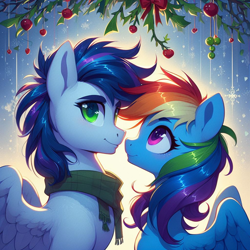 Size: 1024x1024 | Tagged: safe, ai content, derpibooru import, generator:bing image creator, generator:dall-e 3, machine learning generated, rainbow dash, soarin', g4, female, holly, holly mistaken for mistletoe, imminent kissing, male, prompter:*rainbow dash*, shipping, soarindash, spread wings, stars, straight, wings