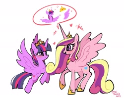 Size: 2048x1623 | Tagged: safe, artist:petaltwinkle, derpibooru import, princess cadance, twilight sparkle, twilight sparkle (alicorn), alicorn, pony, crown, duo, duo female, female, jewelry, mare, regalia, simple background, sisters-in-law, speech bubble, white background, wings