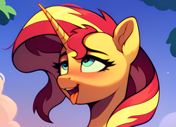 Size: 1196x867 | Tagged: safe, ai content, derpibooru import, generator:pony diffusion v6 xl, generator:stable diffusion, machine learning generated, sunset shimmer, pony, unicorn, g4, ahegao, blushing, bust, cropped, cropped porn, cute, cute face, female, mare, open mouth, open smile, outdoors, portrait, prompter:tyto4tme4l, sky, smiling, solo, tongue, tongue out