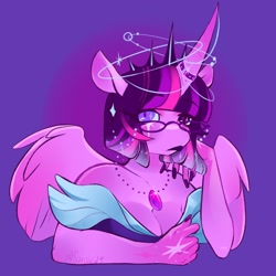 Size: 1700x1700 | Tagged: safe, artist:sarpiza_, derpibooru import, twilight sparkle, twilight sparkle (alicorn), alicorn, anthro, bare shoulder portrait, bare shoulders, breasts, bust, cleavage, clothes, crown, female, glasses, gradient background, hand on chin, headlight sparkle, heterochromia, horn, horn ring, jewelry, looking at you, mare, necklace, portrait, regalia, ring, solo