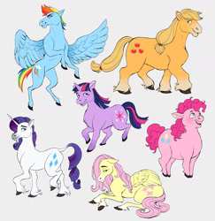 Size: 1485x1530 | Tagged: safe, artist:tuherrus, derpibooru import, applejack, fluttershy, pinkie pie, rainbow dash, rarity, twilight sparkle, unicorn twilight, classical unicorn, earth pony, pegasus, pony, unicorn, chubby, cloven hooves, diverse body types, facial hair, female, goatee, gray background, group, hoers, horn, leonine tail, lying down, mane six, mare, rearing, simple background, spread wings, unshorn fetlocks, wings