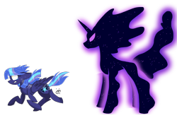 Size: 1900x1267 | Tagged: safe, alternate version, artist:gallantserver, derpibooru import, tantabus, oc, oc:nyx (gallantserver), pegasus, pony, concave belly, duo, height difference, magical lesbian spawn, offspring, parent:princess luna, parent:twilight sparkle, parents:twiluna, running, simple background, slender, thin, transparent background