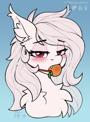 Size: 1406x1900 | Tagged: safe, artist:airfly-pony, derpibooru import, oc, oc only, oc:crimson, bat pony, pony, 2023, ballgag, bedroom eyes, blushing, chest fluff, commission, fangs, female, food, food gag, gag, gradient background, looking at you, mare, orange, solo, teeth, ych result