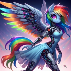 Size: 1024x1024 | Tagged: safe, ai content, derpibooru import, generator:bing image creator, generator:dall-e 3, machine learning generated, anthro, cyborg, pegasus, robot, abstract background, artificial wings, augmented, cute, female, mechanical wing, prompter:faerindahol, wings