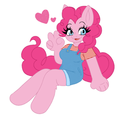 Size: 1000x1000 | Tagged: safe, alternate version, artist:shunpiee, derpibooru import, pinkie pie, anthro, earth pony, unguligrade anthro, clothes, female, heart, outline, overalls, peace sign, simple background, solo, transparent background, white outline