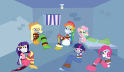 Size: 2400x1400 | Tagged: safe, artist:brightstar40k, derpibooru import, applejack, fluttershy, pinkie pie, rainbow dash, rarity, twilight sparkle, twilight sparkle (alicorn), alicorn, human, equestria girls, bondage, bound and gagged, clothes, dress, gag, gala dress, humanized, jail, jail cell, long dress, long skirt, prison, skirt, tied up