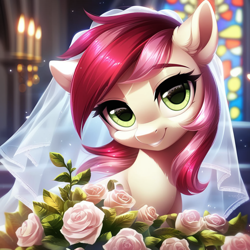 Size: 1024x1024 | Tagged: safe, ai content, derpibooru import, generator:purplesmart.ai, generator:stable diffusion, machine learning generated, roseluck, earth pony, pony, g4, church, clothes, dress, female, flower, looking at you, mare, prompter:maresforever, smiling, solo, veil, wedding dress, wedding veil