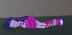 Size: 3000x1471 | Tagged: safe, artist:nie-martw-sie-o-mnie, derpibooru import, twilight sparkle, human, equestria girls, g4, arm behind back, bondage, boots, bound and gagged, clothes, dress, equestria girls-ified, eyes closed, gag, high heel boots, lying down, shoes, tape, tape bondage, tape gag