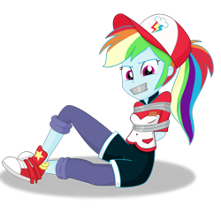 Size: 2000x2000 | Tagged: safe, artist:nie-martw-sie-o-mnie, derpibooru import, rainbow dash, human, equestria girls, g4, baseball cap, bondage, bound and gagged, cap, clothes, gag, hat, shoes, shorts, simple background, tape, tape bondage, tape gag, transparent background, waitress