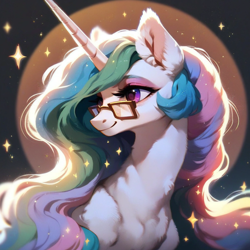 Size: 922x921 | Tagged: safe, ai content, derpibooru import, generator:purplesmart.ai, generator:stable diffusion, machine learning assisted, machine learning generated, princess celestia, alicorn, pony, g4, beautiful, cute, detailed hair, ear fluff, ears, eyeshadow, fluffy, glasses, light, long hair, long mane, makeup, pink eyes, prompter:saltyvity, simple background, smiley face, solo, sparkles, stars