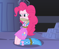 Size: 3000x2500 | Tagged: safe, artist:nie-martw-sie-o-mnie, derpibooru import, pinkie pie, human, equestria girls, friendship is magic, g4, bondage, boots, bound and gagged, cloth gag, clothes, female, gag, high heel boots, jacket, kneeling, rope, rope bondage, shirt, shoes, skirt, solo, vest