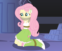 Size: 3000x2500 | Tagged: safe, artist:nie-martw-sie-o-mnie, derpibooru import, fluttershy, human, equestria girls, friendship is magic, g4, bondage, boots, bound and gagged, butterfly hairpin, cloth gag, clothes, female, gag, hairpin, high heel boots, kneeling, rope, rope bondage, shirt, shoes, skirt, socks, solo