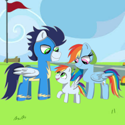 Size: 1400x1400 | Tagged: safe, artist:mrsdashskies, derpibooru import, rainbow dash, soarin', oc, oc:rainbow blitz, pegasus, pony, clothes, colt, female, foal, if only, male, mare, offspring, parent:rainbow dash, parent:soarin', parents:soarindash, shipping, soarindash, stallion, straight, uniform, wonderbolts uniform