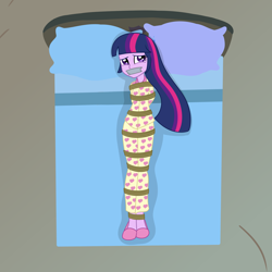 Size: 2000x2000 | Tagged: safe, artist:nie-martw-sie-o-mnie, derpibooru import, twilight sparkle, human, equestria girls, g4, look before you sleep, bed, bedroom, bedroom bondage, bondage, bound and gagged, clothes, gag, guest bed, lying down, on back, pajamas, pillow, rope, rope bondage, slippers, tape, tape gag, tied up, twilight's bedroom